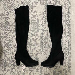 Mysoft Black Thigh High, Chunky Heeled Boots
